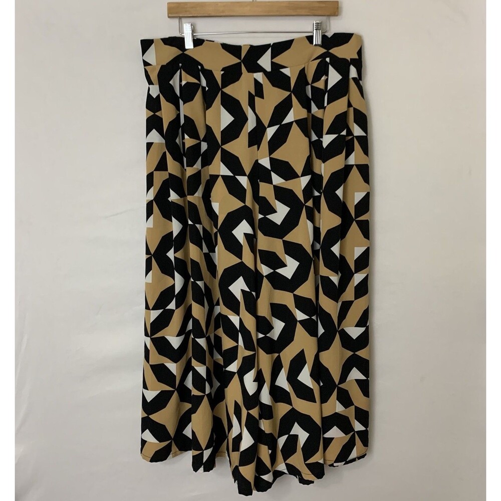 Ashley Stewart Pants Culottes 18/20 Geo Black Tan Wide Leg Crop Pull On Flowy